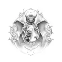 potion bottle with vampire bats, blood, vervain, garlic, and fangs tattoo design idea