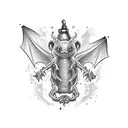 potion bottle with vampire bats, blood, vervain, garlic, and fangs tattoo design idea