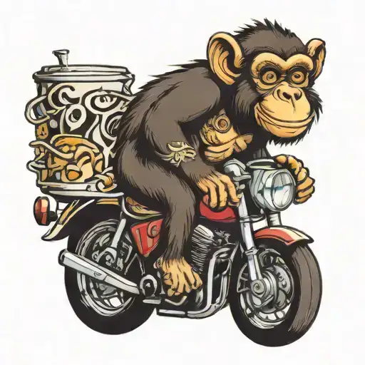 crazy monkey on motorcycle holding a coffee mug tattoo design idea