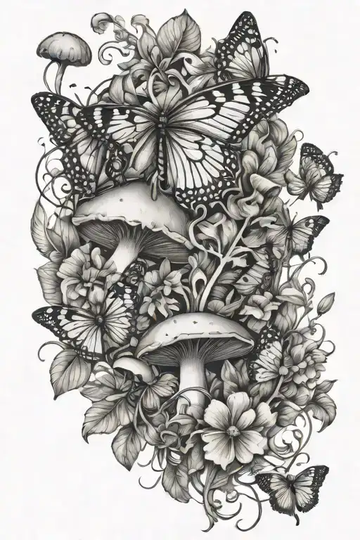 realistic. mushrooms, butterflies, flower vines, small insects tattoo design idea