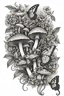 realistic. mushrooms, butterflies, flower vines, small insects tattoo design idea