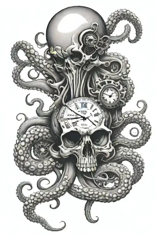 octopus intertwined with mechanical clock and tentacle through skull tattoo design idea