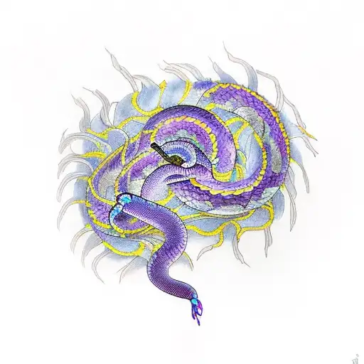 A purple and blue snake coiled around 2 feathers. One feather is grey and fluorescent yellow tattoo design idea