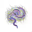 A purple and blue snake coiled around 2 feathers. One feather is grey and fluorescent yellow tattoo design idea