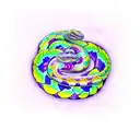 A purple and blue snake coiled around 2 feathers. One feather is grey and fluorescent yellow tattoo design idea
