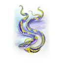 A purple and blue snake coiled around 2 feathers. One feather is grey and fluorescent yellow tattoo design idea