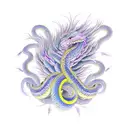 A purple and blue snake coiled around 2 feathers. One feather is grey and fluorescent yellow tattoo design idea