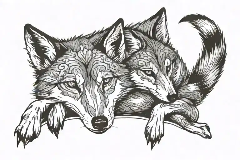adult wolf sitting wrapped around her baby fox curled tattoo design idea