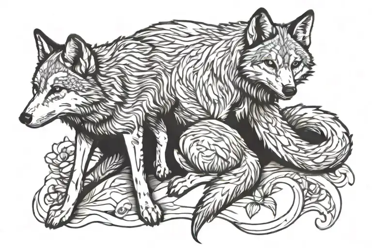 adult wolf sitting wrapped around her baby fox sitting tattoo design idea
