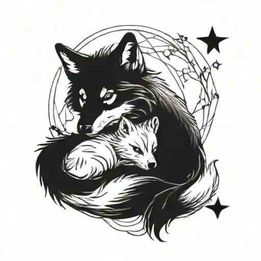 an adult wolf sitting wrapped around a baby fox sitting tattoo design idea