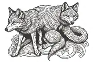 adult wolf sitting wrapped around her baby fox sitting tattoo design idea