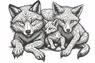 adult wolf sitting wrapped around her baby fox sitting tattoo design idea