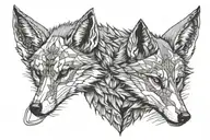 adult wolf sitting wrapped around her baby fox heads touching tattoo design idea