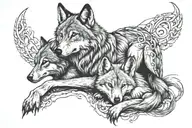 adult wolf sitting wrapped around her baby fox heads touching tattoo design idea