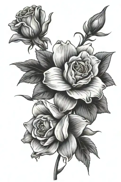 rose violet and daffodil flowers wrapped tattoo design idea