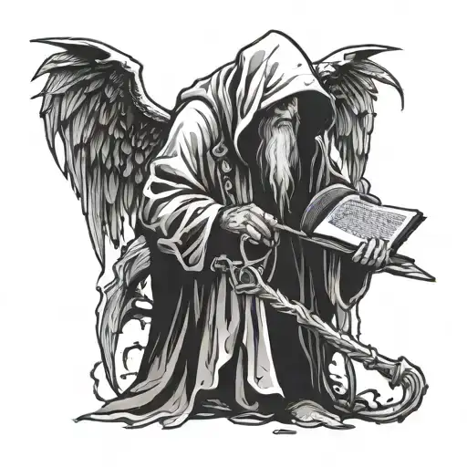 barely visible hooded old man with a book and scythe in hands, one glowy eye, horns, wings, chained hands, gloria tattoo design idea