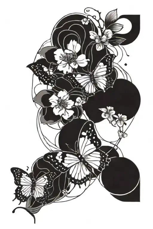 Geometry Butterfly Moon cherry blossom tattoo design idea