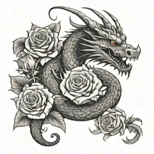 dragon with roses in the background black and white tattoo design idea