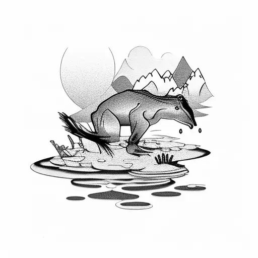 lake overlooking a mountain, horse drinking water, glads flowers, frog on Lilly pad, cardinal, hummingbird  tattoo design idea