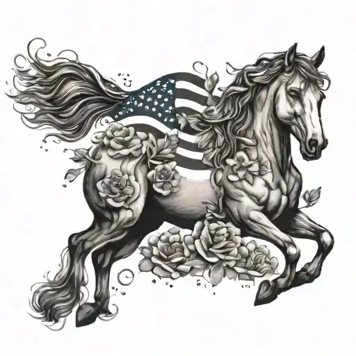 A majestic horse surrounded by blooming flowers and American flag elements tattoo design idea