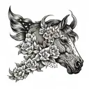 A majestic horse surrounded by blooming flowers and American flag elements tattoo design idea