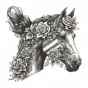 A majestic horse surrounded by blooming flowers and American flag elements tattoo design idea