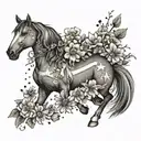A majestic horse surrounded by blooming flowers and American flag elements tattoo design idea