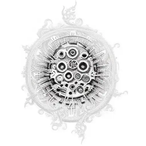 A unique dotwork tattoo of a brain with intricate gears and clockwork mechanisms, representing the complexity of the mind and the inner workings of mental health, while subtly hinting at horror elements like tentacles or skulls. tattoo design idea