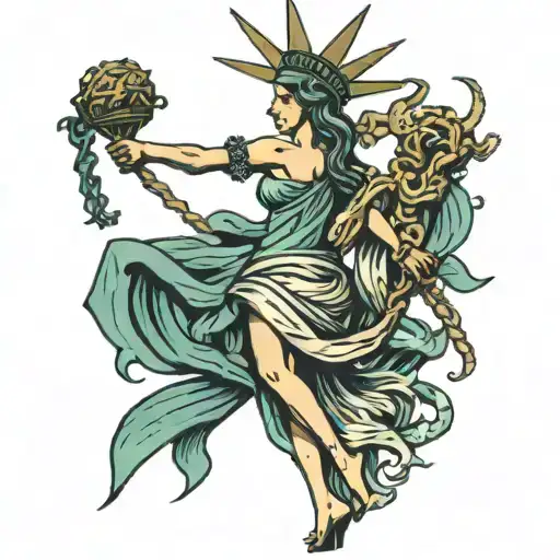 Lady Liberty standing with her back turned to Medusa tattoo design idea