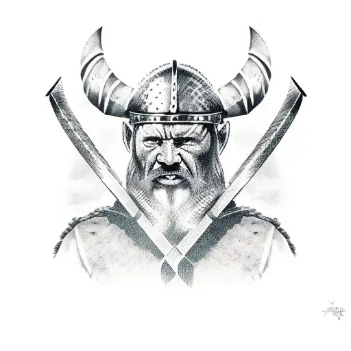  a Viking stands with a two-handed ax in his hands, his arms are lowered and holds the ax with both hands, without a hel tattoo design idea