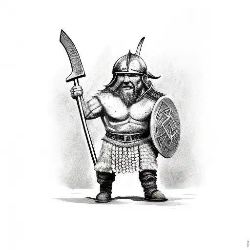  a Viking stands with a two-handed ax in his hands, his arms are lowered and holds the ax with both hands, without a hel tattoo design idea