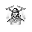  a Viking stands with a two-handed ax in his hands, his arms are lowered and holds the ax with both hands, without a hel tattoo design idea