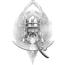  a Viking stands with a two-handed ax in his hands, his arms are lowered and holds the ax with both hands, without a hel tattoo design idea