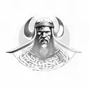  a Viking stands with a two-handed ax in his hands, his arms are lowered and holds the ax with both hands, without a hel tattoo design idea