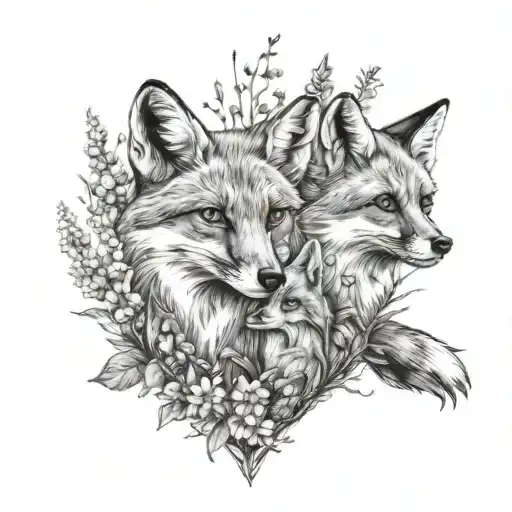 fox family and wildflowers in the heart tattoo design idea