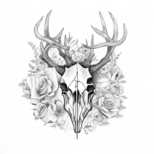 deer skull with flowers and witchcarft thongs in the horns tattoo design idea