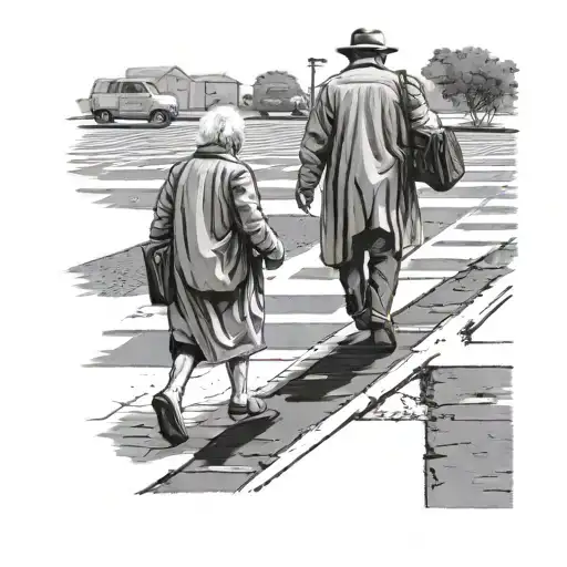 An elderly person crossing a pedestrian crosswalk with a Bible in hand, captured in a black-grey realistic style tattoo design idea