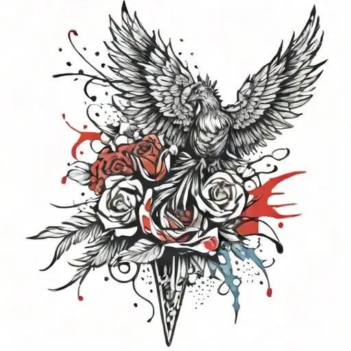 dagger with flowers and pheonix feathers  falling  around it tattoo design idea