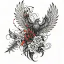 dagger with flowers and pheonix feathers  falling  around it tattoo design idea