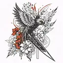 dagger with flowers and pheonix feathers  falling  around it tattoo design idea