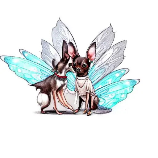 one dark brown Chihuahua with fairy wings and a dress , one light brown Chihuahua with fairy wings in a dresss tattoo design idea