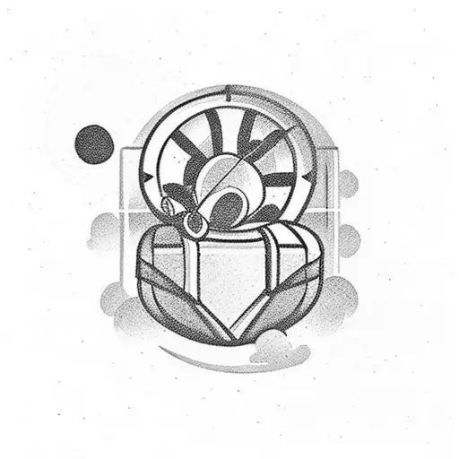 A minimalist black and white tattoo featuring a suitcase packed with dreams and ambitions, with subtle references to strawberries to represent your hometown. tattoo design idea