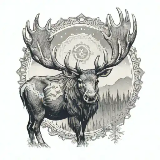An intricate dotwork design of a majestic moose with a halo representing God's presence in the Canadian wilderness tattoo design idea