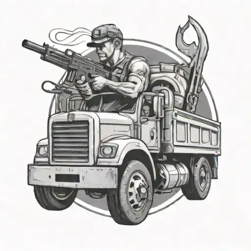 A black-grey tattoo of a truck driver holding a powerful weapon, symbolizing strength and protection on the road tattoo design idea