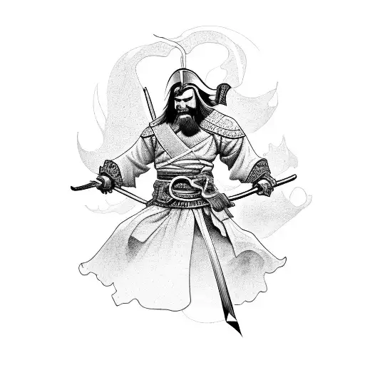 Central Image:  A stylized combination of a ronin (representing Miyamoto Musashi's philosophy) and a pirate (representin tattoo design idea