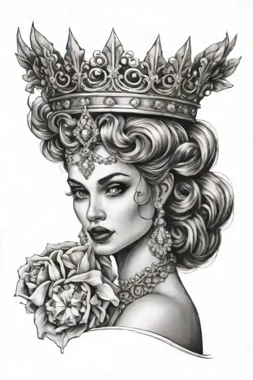 sensual lady head with a diamond crown black and white tattoo tattoo design idea