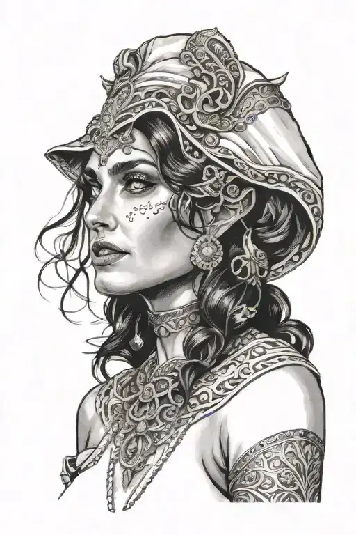 Female elf looking like salma hayek black and white   tattoo design idea