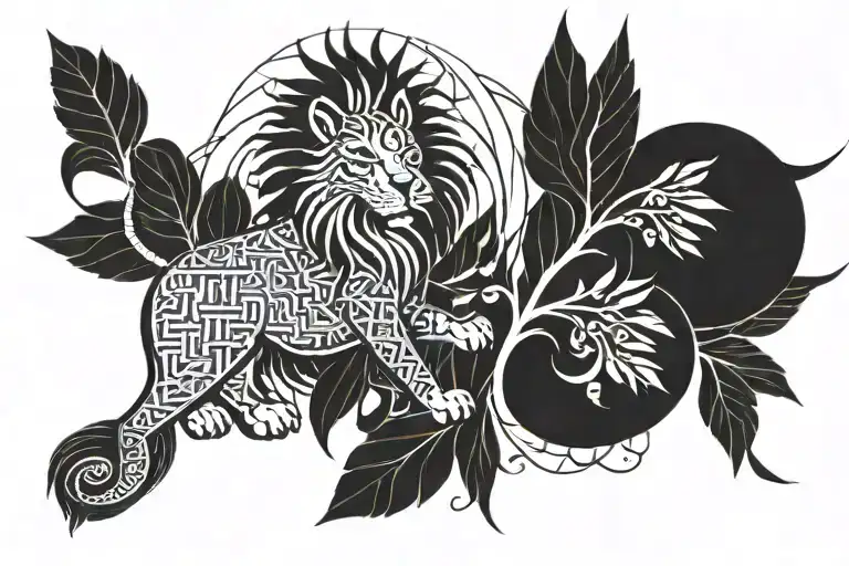 A Thai bamboo tattoo design incorporating sacred geometry patterns, with a lion and lyrebird intertwined in the design tattoo design idea