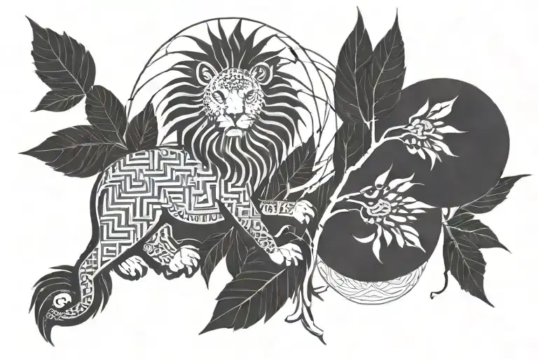 A Thai bamboo yantra tattoo design with a lion, bison and lyrebird intertwined in the design tattoo design idea