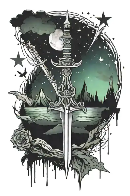 sword tattoo inspired by geography and travel. incorporating the northern lights, and Leo constellation tattoo design idea